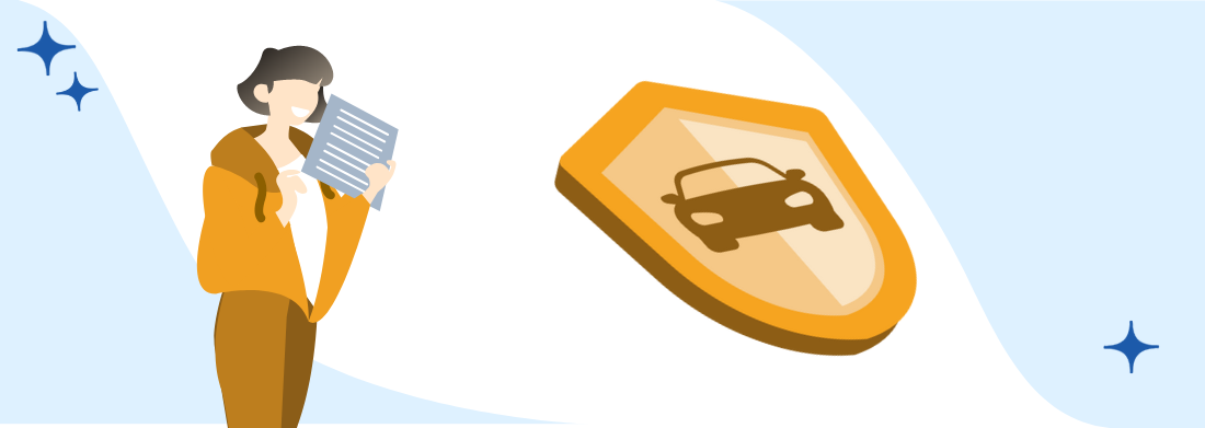 Schild mit Auto und Frau mit Vertrag über  Selbstfahrervermietversicherung