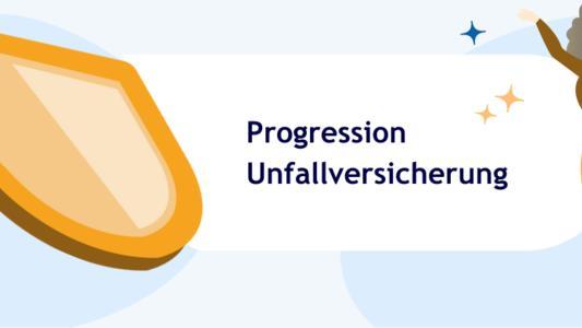 Gelbes Schild mit Aufschrift Unfallversicherung Progression und Frau ohne Bein